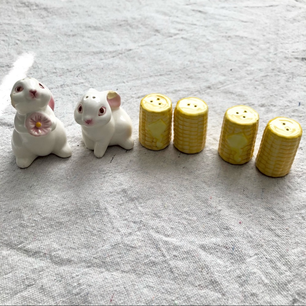 3 salt & pepper shakers, corn on the cob & bunnies